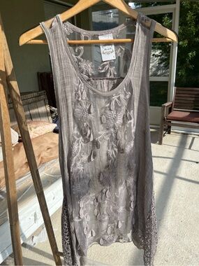 sheer front appliqué asymmetrical purple top by flieur de lis